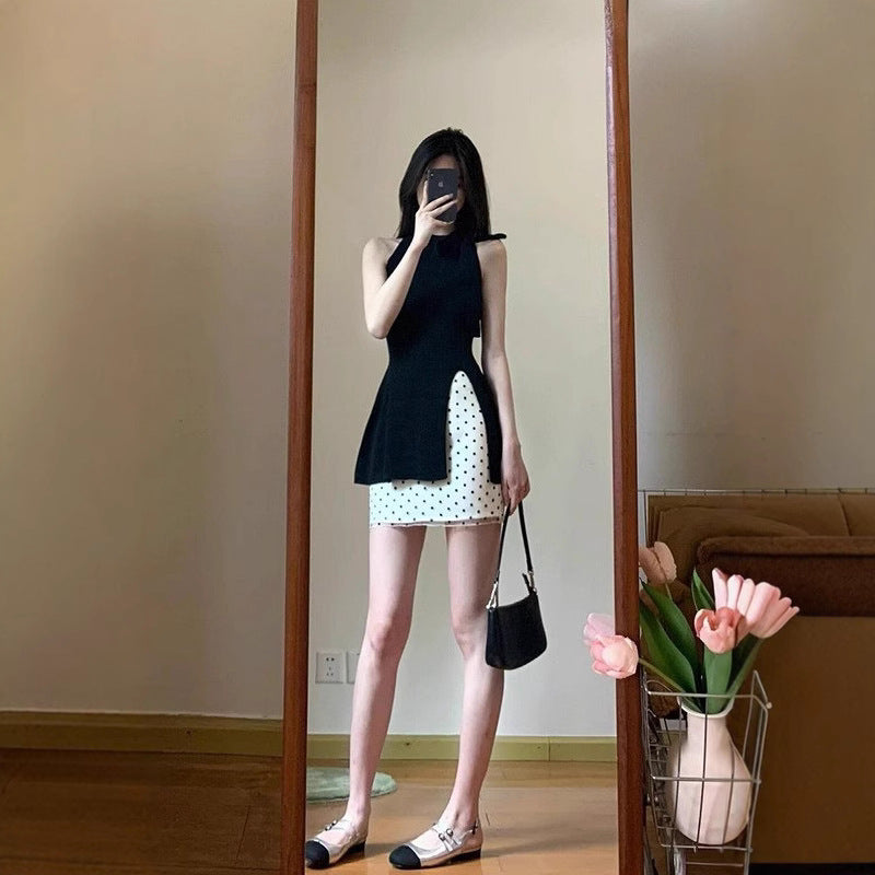 suit Women's 2025 Summer New Korean Style Design Sense Black Elegant Split Top High Waist Wave Dot Trendy Skirt