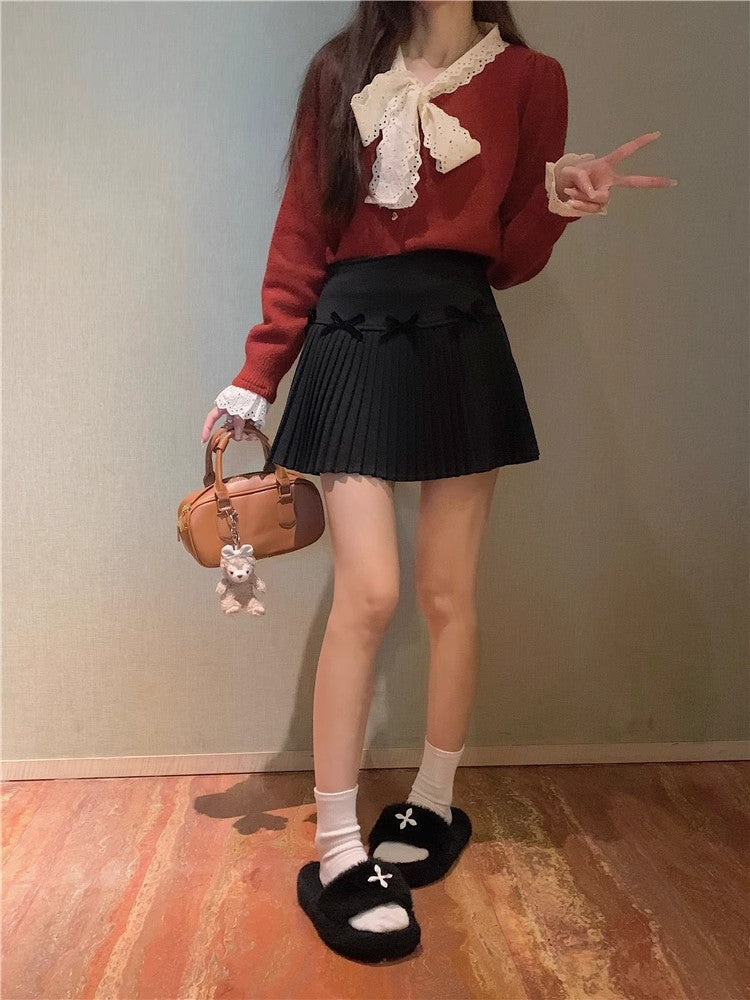 White Skirt, Bow Skirt, Black Pleated Skirt, Women's Early Autumn High-Waisted Slimming Look A-Line Skirt, Woolen Skirt