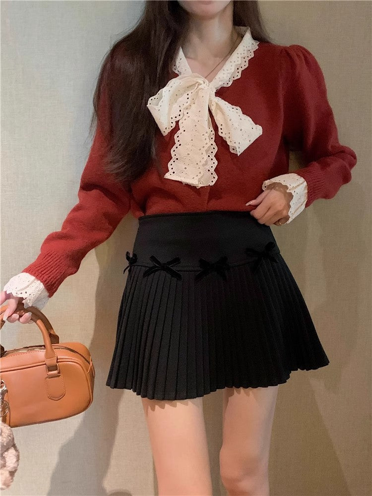 White Skirt, Bow Skirt, Black Pleated Skirt, Women's Early Autumn High-Waisted Slimming Look A-Line Skirt, Woolen Skirt