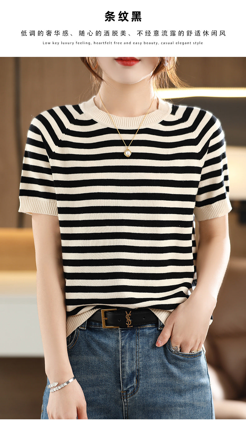 Summer New Striped Sweater T-shirt Women's Loose Round Neck Rags Short Sleeve Western Style Pure Cotton Backing Fashion