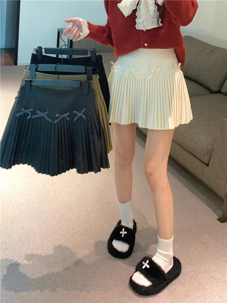 White Skirt, Bow Skirt, Black Pleated Skirt, Women's Early Autumn High-Waisted Slimming Look A-Line Skirt, Woolen Skirt