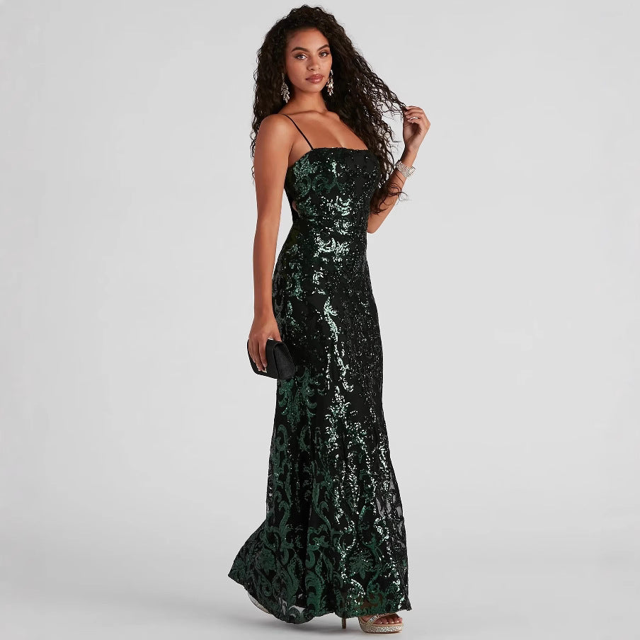 Cross-Border Summer New European and American Fashion Dresses, Sexy Formal Sequin Strap Dresses, Elegant Socialite Evening Gowns