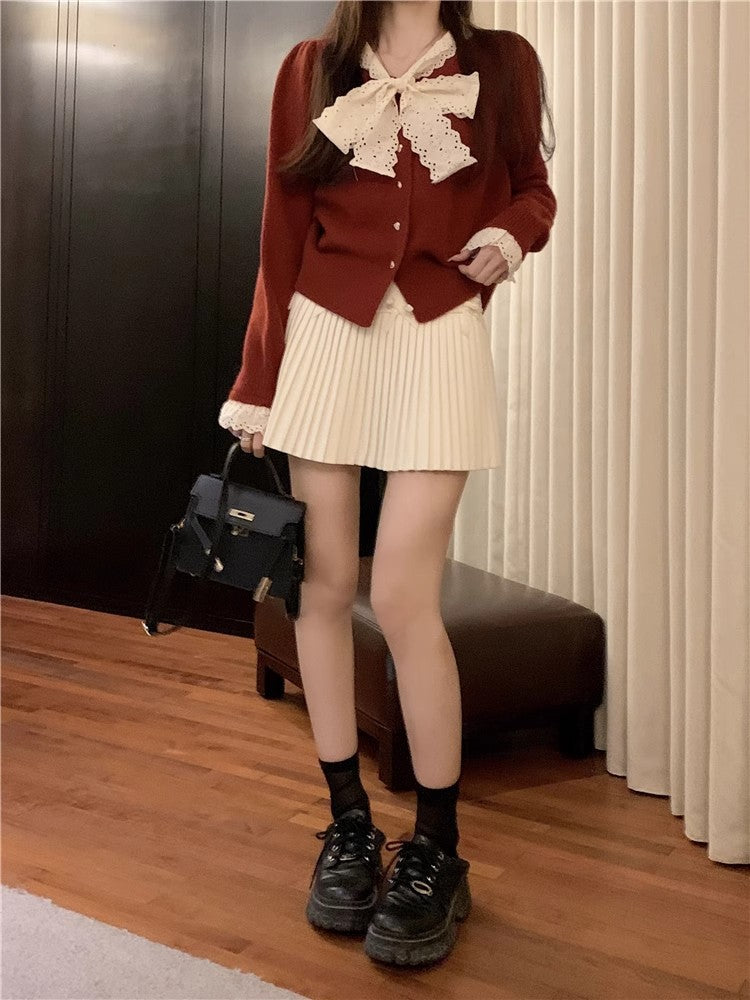 White Skirt, Bow Skirt, Black Pleated Skirt, Women's Early Autumn High-Waisted Slimming Look A-Line Skirt, Woolen Skirt