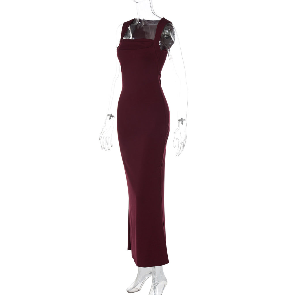 European and American Cross-Border Spring and Summer Women's Solid Color Sleeveless Square Neck Fashion Sexy Elegant Evening Slim Fit Bodycon Pencil Skirt Trendy