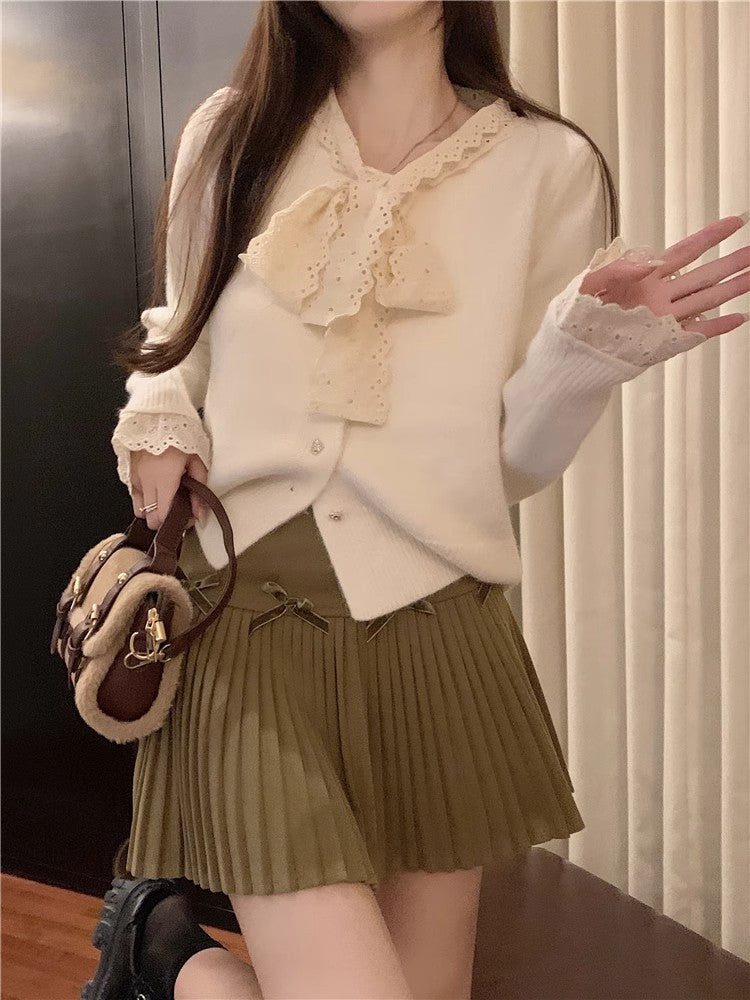 White Skirt, Bow Skirt, Black Pleated Skirt, Women's Early Autumn High-Waisted Slimming Look A-Line Skirt, Woolen Skirt