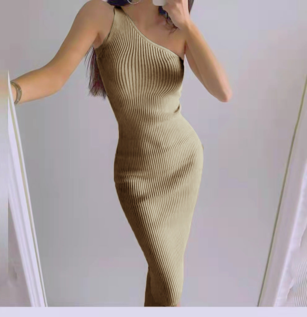 2026 Summer New Style Korean Fashion One-Shoulder Solid Color Slimming Elastic Bodycon Knit Dress 7100