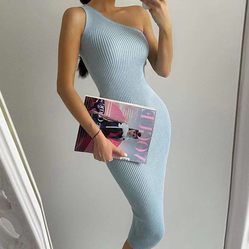 2026 Summer New Style Korean Fashion One-Shoulder Solid Color Slimming Elastic Bodycon Knit Dress 7100