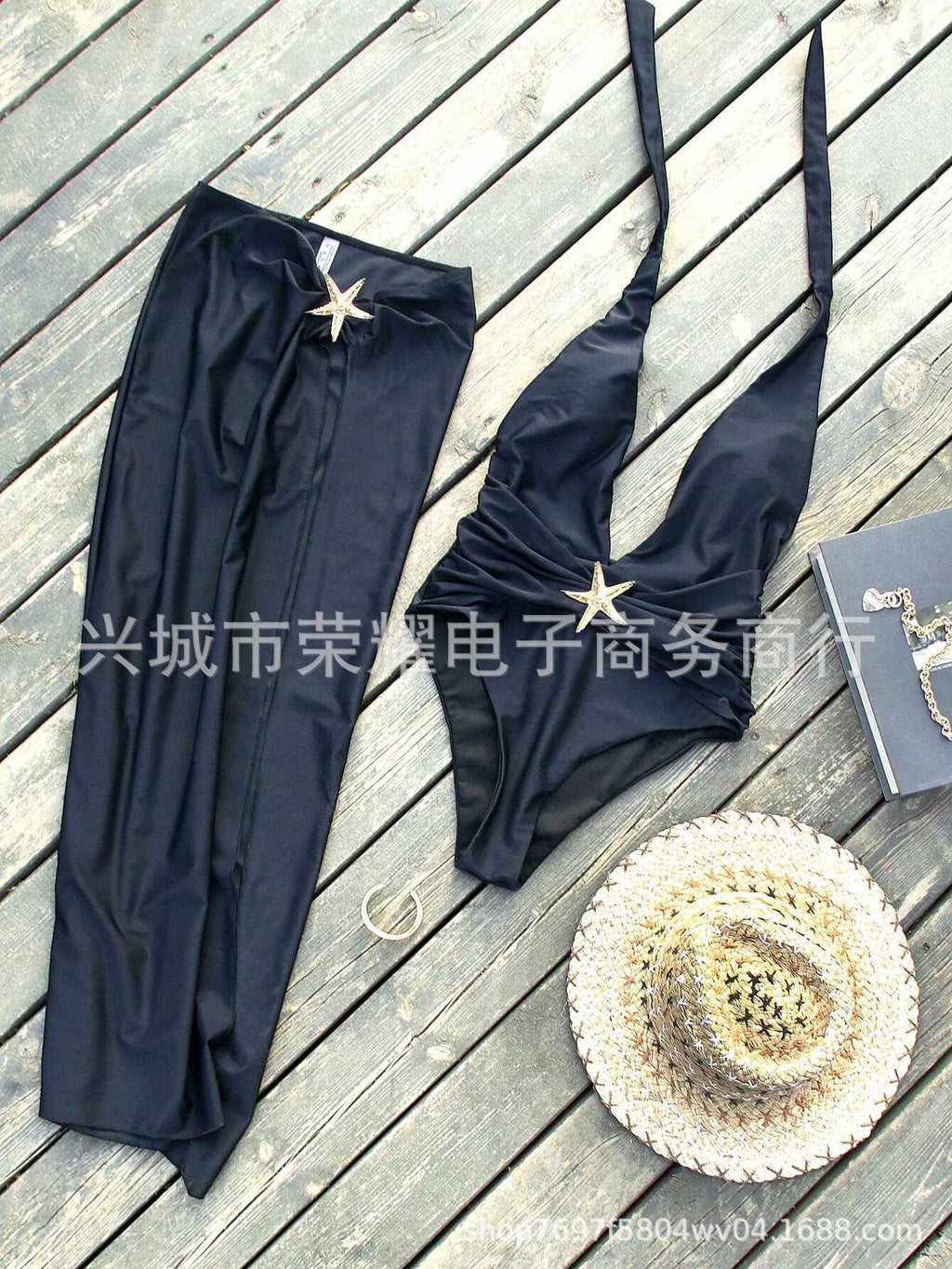 Cross-Border Sexy Beach Long Dress Deep V One-Piece Women's Black and White Swimsuit Two-Piece Set 2025 Hot Style Starfish