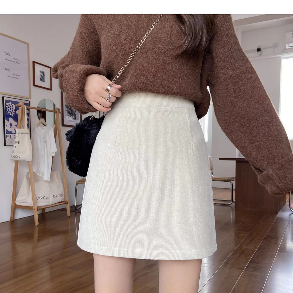 2023 New Autumn and Winter Skirts for Women, Corduroy Skirts, Small High-Waist Slimming Look Korean Style A-Line Hip Skirts