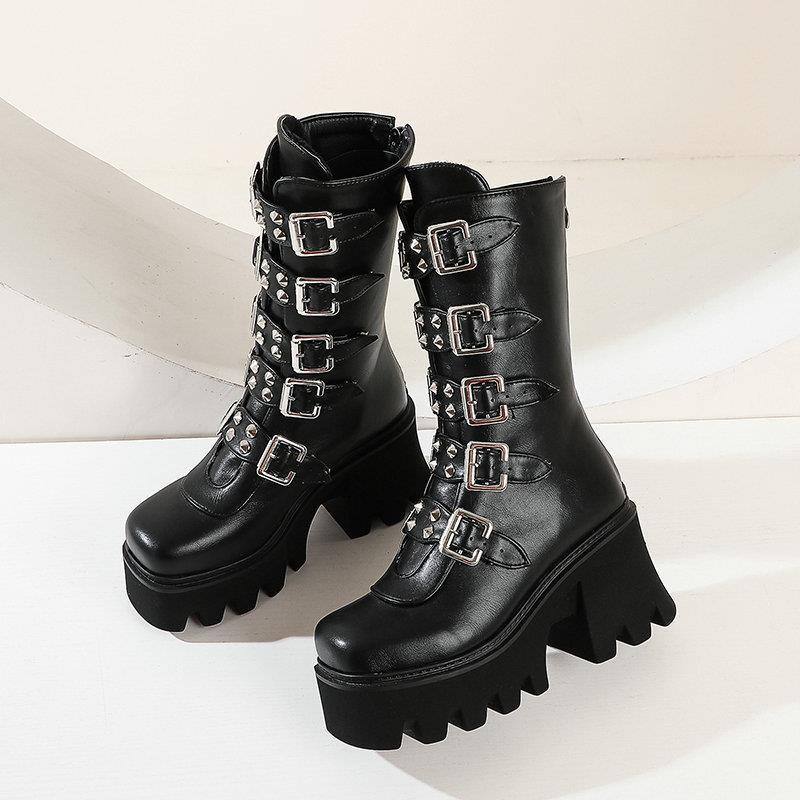 Martin Boots Women's High-heeled Motorcycle Boots Foreign Trade Autumn and Winter New Arrival Boots Thick-soled Short Boots Women's Punk Style Mid-heeled Boots
