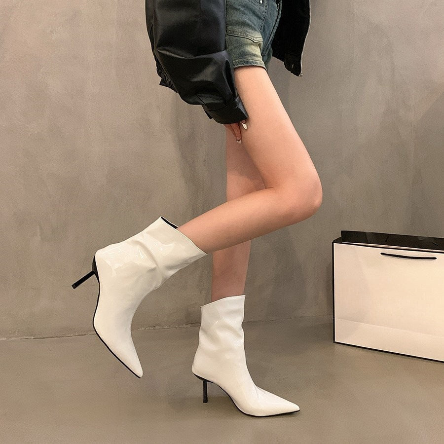 Pointed Toe Patent Leather Red Short Boots for Women 2025 Spring & Fall New Slim Stiletto Short Boots High Heels Slim Boots Nude Boots