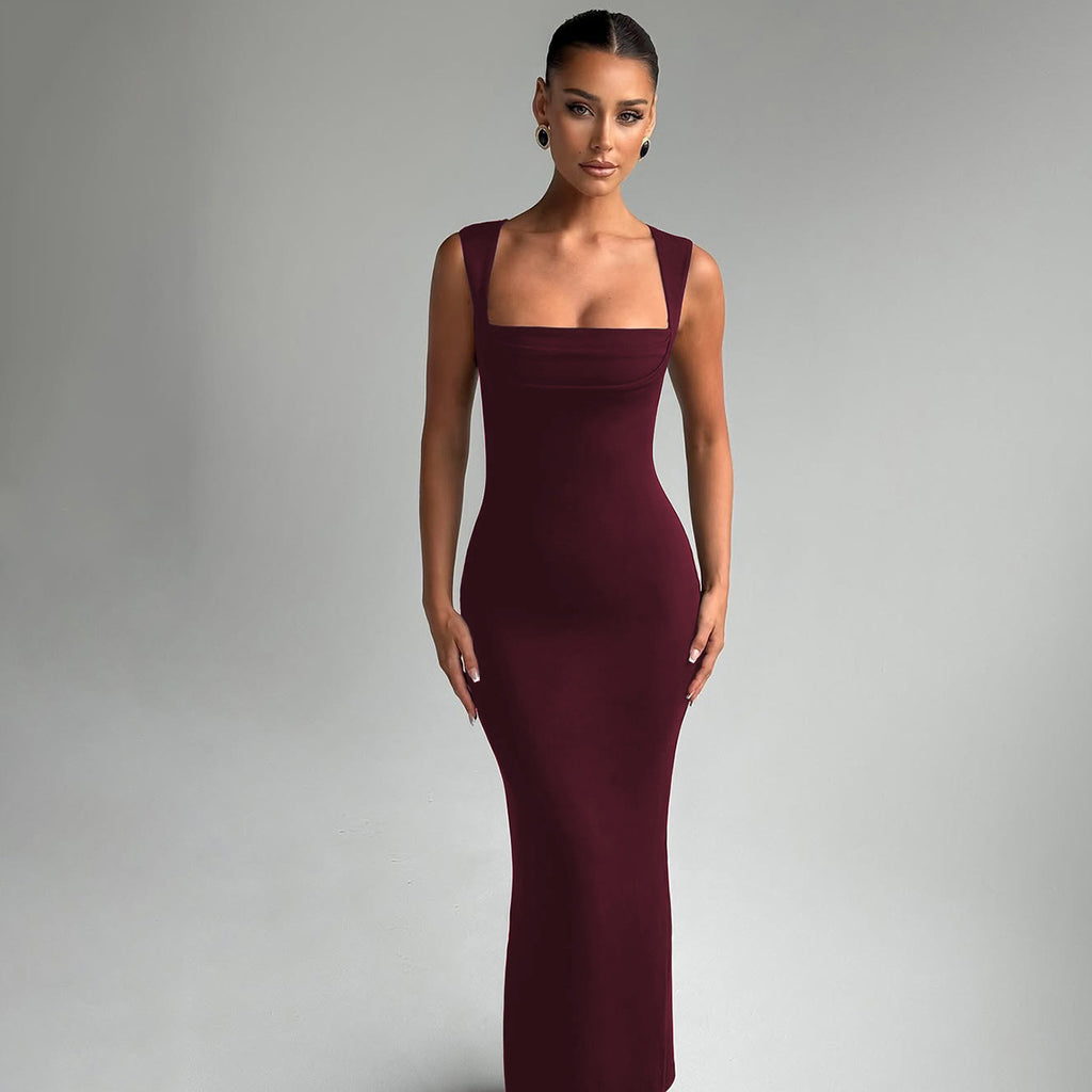 European and American Cross-Border Spring and Summer Women's Solid Color Sleeveless Square Neck Fashion Sexy Elegant Evening Slim Fit Bodycon Pencil Skirt Trendy