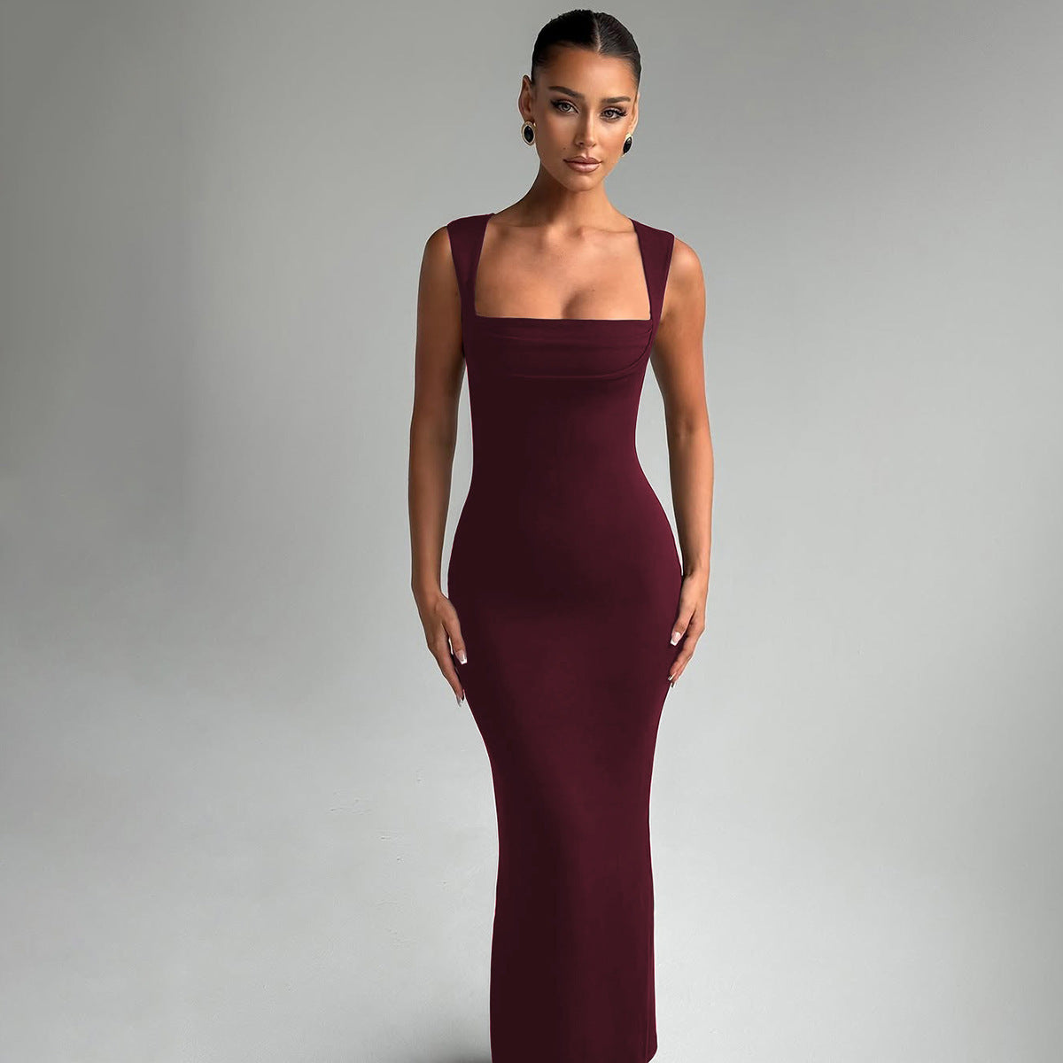 European and American Cross-Border Spring and Summer Women's Solid Color Sleeveless Square Neck Fashion Sexy Elegant Evening Slim Fit Bodycon Pencil Skirt Trendy
