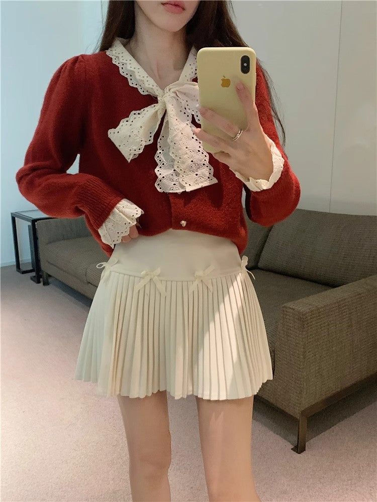 White Skirt, Bow Skirt, Black Pleated Skirt, Women's Early Autumn High-Waisted Slimming Look A-Line Skirt, Woolen Skirt