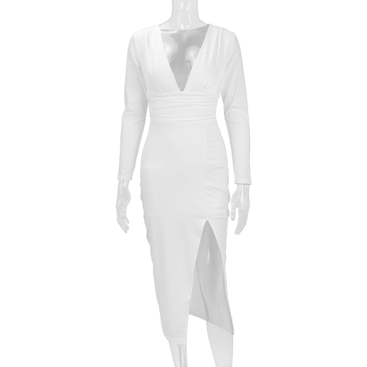 2026 Autumn and Winter New Cross-Border Long Dress European and American Style Sexy Bodycon Slim Fit Slit V-Neck Long Sleeve Dress