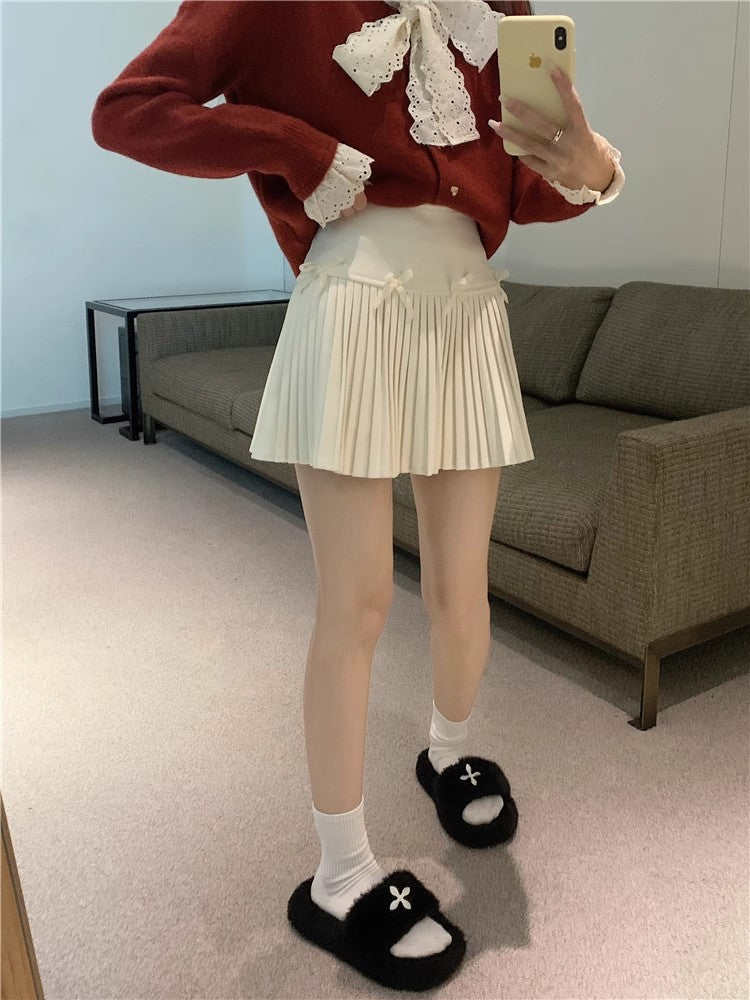 White Skirt, Bow Skirt, Black Pleated Skirt, Women's Early Autumn High-Waisted Slimming Look A-Line Skirt, Woolen Skirt