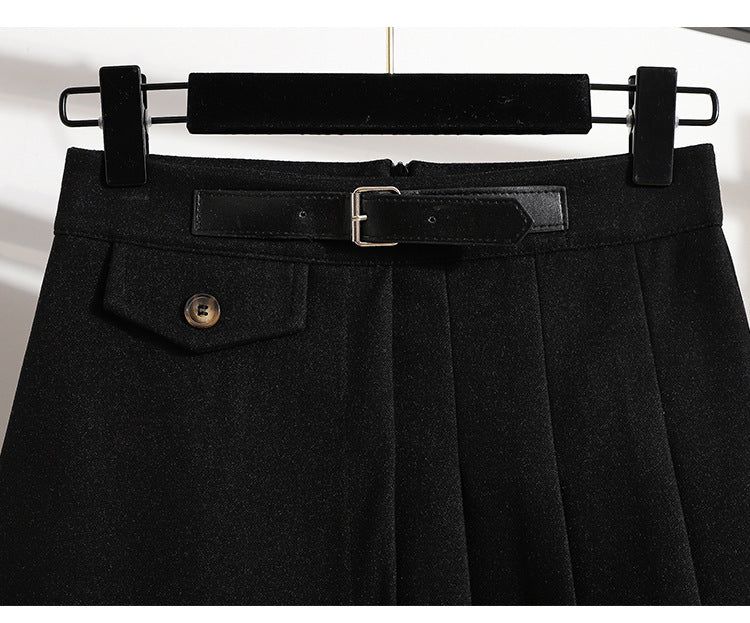 Real Shot of Autumn and Winter Skirts, Plus Size Woolen Jk High-Waisted Skirts, Petite Pleated Skirts, Black Culottes
