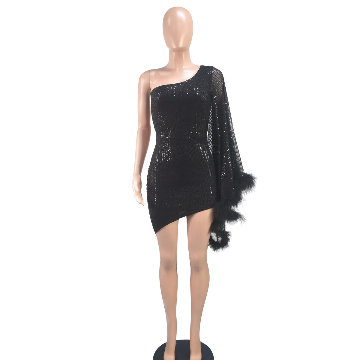 9581 Amazon Cross-Border Women's New Product One-Shoulder Single-Sleeve Bodycon Dress Christmas Stage Performance Evening Dress