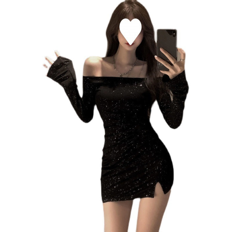 Shoulder dress Women's Slim-fit Diamond-studded Long-sleeved Irregular Hip Skirt Early Autumn 2025 New Black Skirt