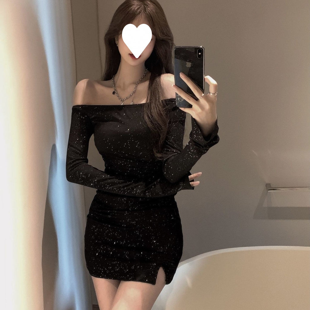 Shoulder dress Women's Slim-fit Diamond-studded Long-sleeved Irregular Hip Skirt Early Autumn 2025 New Black Skirt