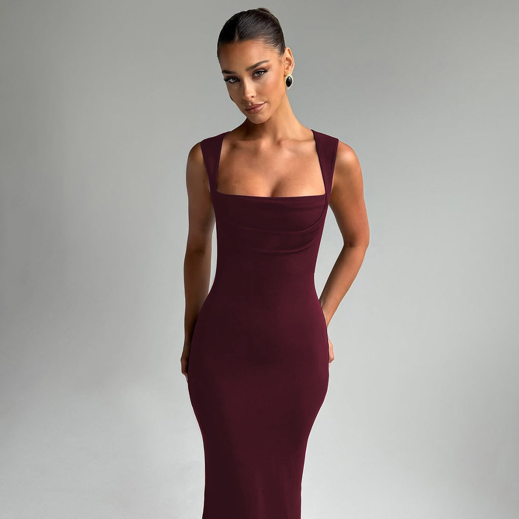 European and American Cross-Border Spring and Summer Women's Solid Color Sleeveless Square Neck Fashion Sexy Elegant Evening Slim Fit Bodycon Pencil Skirt Trendy