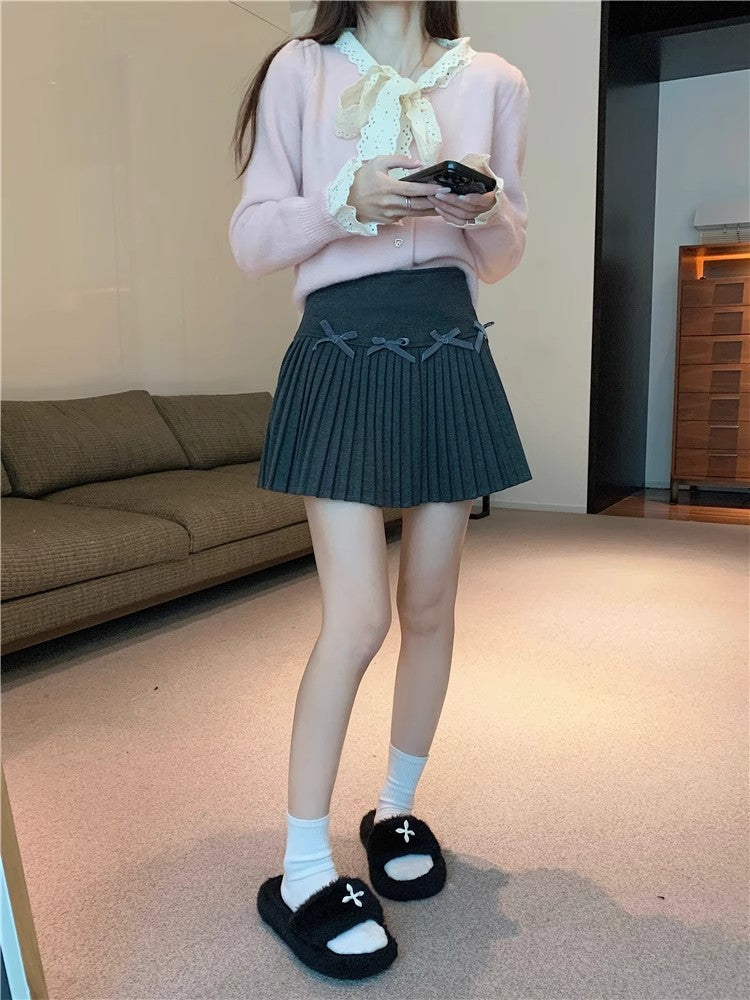 White Skirt, Bow Skirt, Black Pleated Skirt, Women's Early Autumn High-Waisted Slimming Look A-Line Skirt, Woolen Skirt