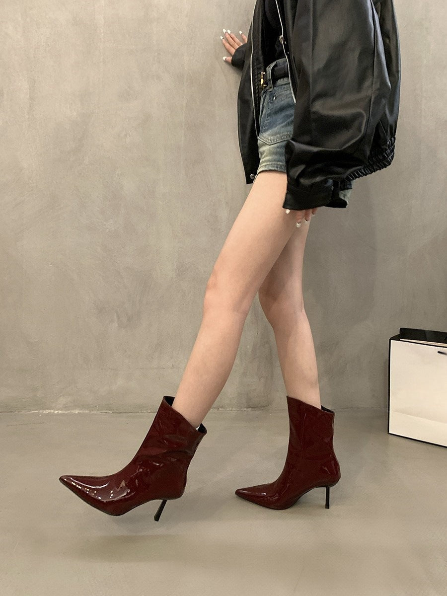 Pointed Toe Patent Leather Red Short Boots for Women 2025 Spring & Fall New Slim Stiletto Short Boots High Heels Slim Boots Nude Boots