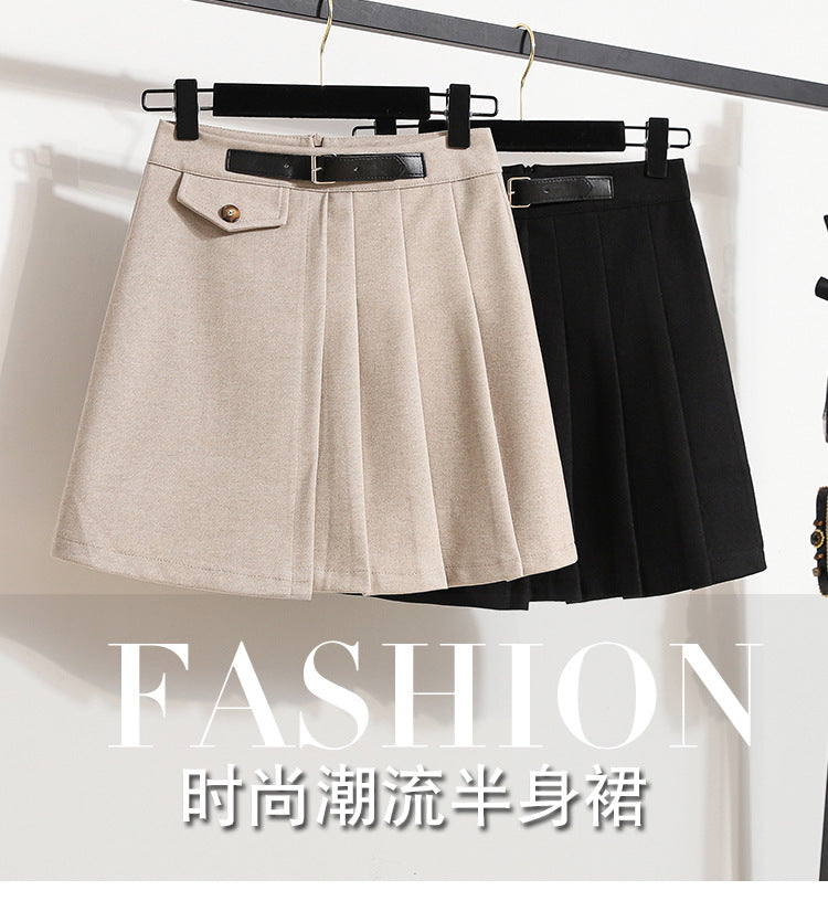 Real Shot of Autumn and Winter Skirts, Plus Size Woolen Jk High-Waisted Skirts, Petite Pleated Skirts, Black Culottes