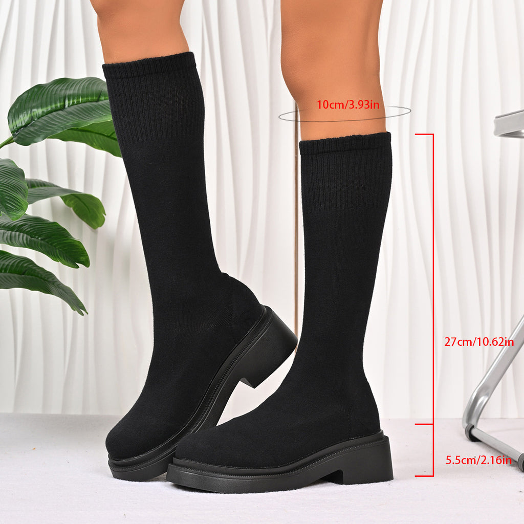 New Foreign Trade Spring and Autumn Elastic Slim Boots Mid-Calf Long Boots Women's Elastic Boots Chunky Heel Knit Sock Boots Slimming Versatile