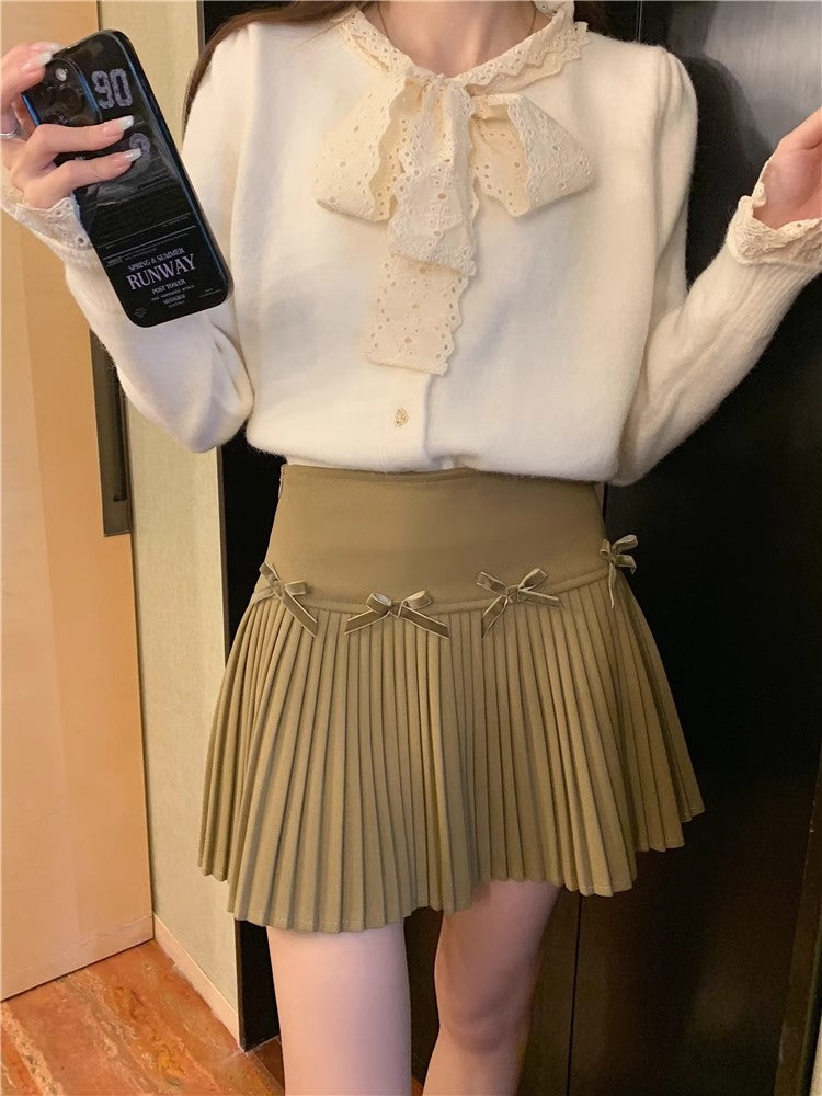 White Skirt, Bow Skirt, Black Pleated Skirt, Women's Early Autumn High-Waisted Slimming Look A-Line Skirt, Woolen Skirt