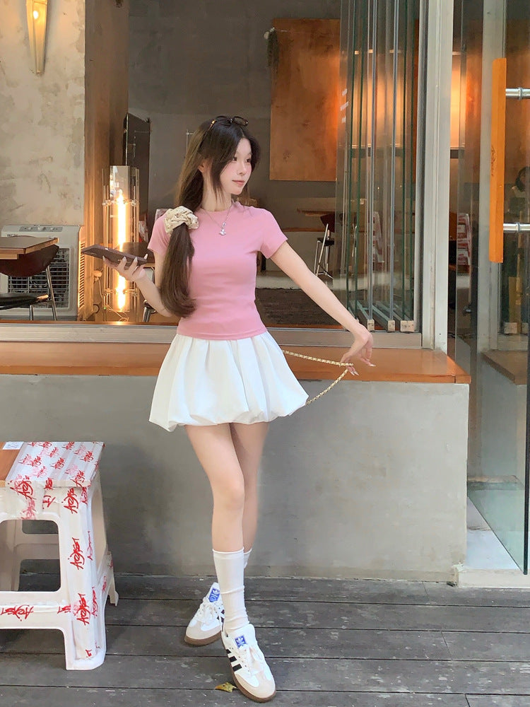 Korean Casual Versatile Cake Skirt Women's Summer New Sweet White Flower Bud Tutu Skirt Anti-Exposure Short Skirt