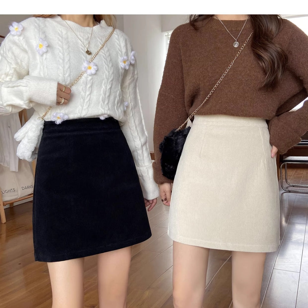 2023 New Autumn and Winter Skirts for Women, Corduroy Skirts, Small High-Waist Slimming Look Korean Style A-Line Hip Skirts