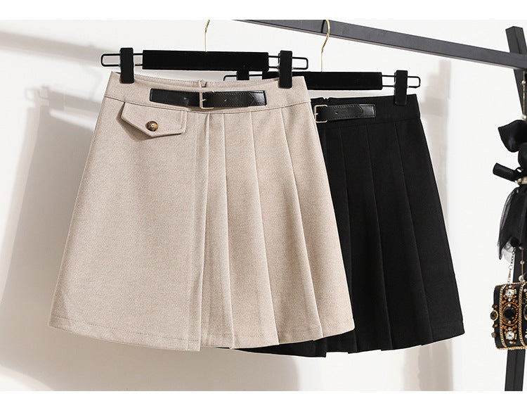 Real Shot of Autumn and Winter Skirts, Plus Size Woolen Jk High-Waisted Skirts, Petite Pleated Skirts, Black Culottes