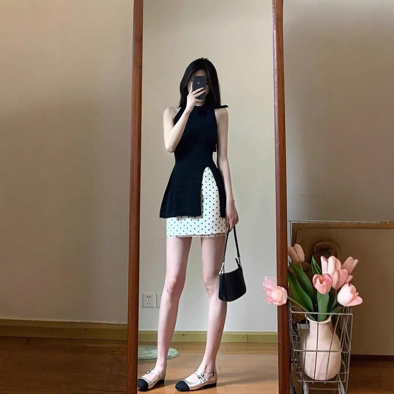 suit Women's 2025 Summer New Korean Style Design Sense Black Elegant Split Top High Waist Wave Dot Trendy Skirt
