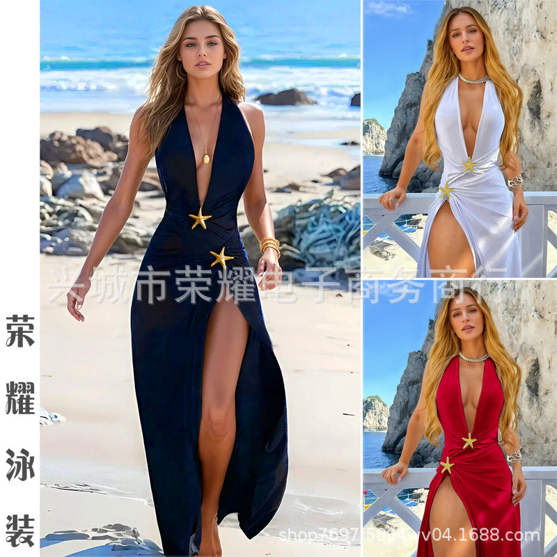 Cross-Border Sexy Beach Long Dress Deep V One-Piece Women's Black and White Swimsuit Two-Piece Set 2025 Hot Style Starfish
