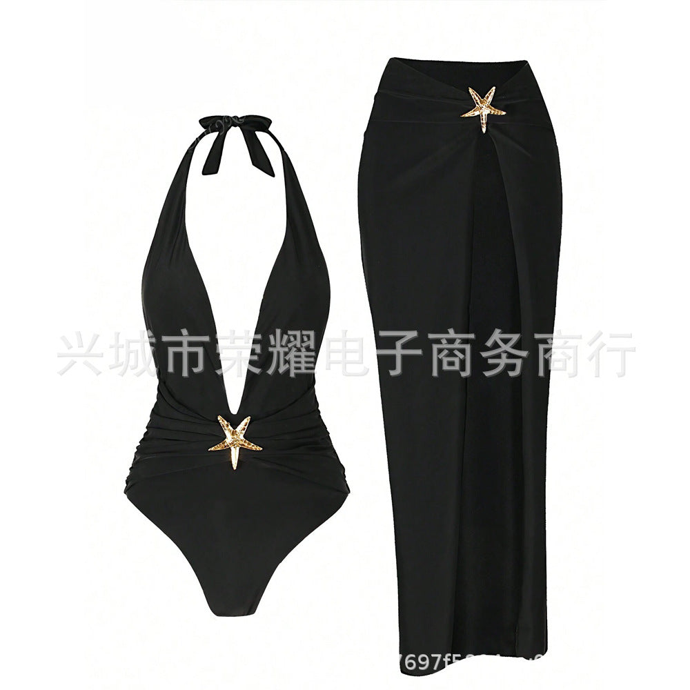 Cross-Border Sexy Beach Long Dress Deep V One-Piece Women's Black and White Swimsuit Two-Piece Set 2025 Hot Style Starfish