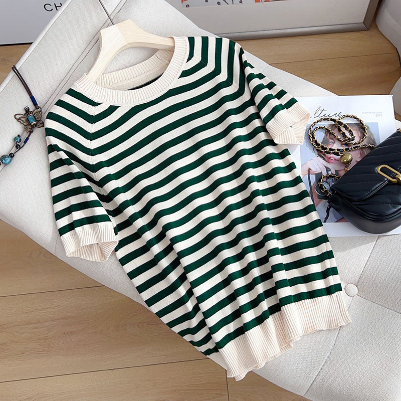 Summer New Striped Sweater T-shirt Women's Loose Round Neck Rags Short Sleeve Western Style Pure Cotton Backing Fashion
