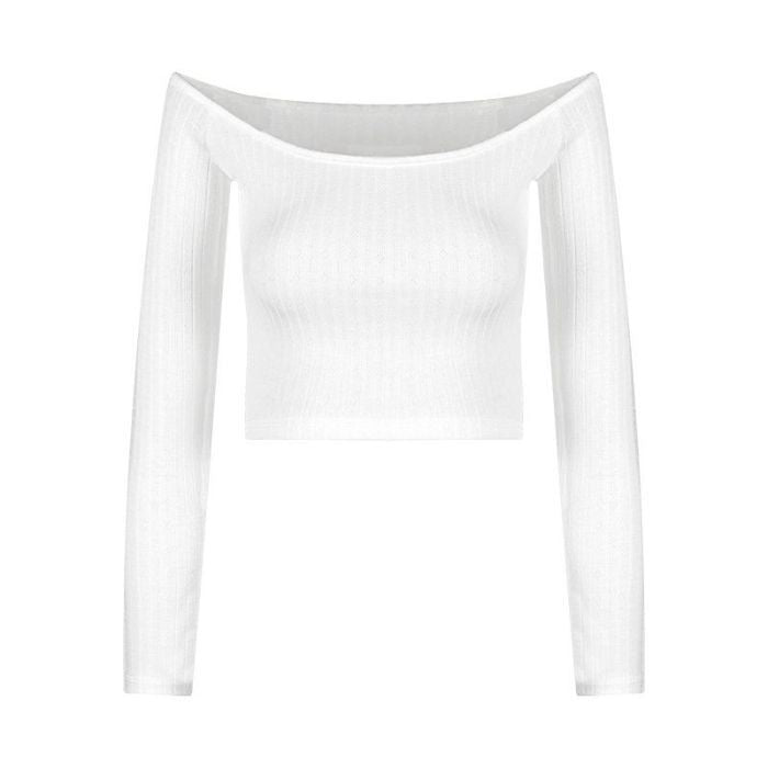 One-Shoulder White Long-Sleeved Slim T-Shirt for Women in Autum Sexy Sexy Tight Elastic Slimming Look Short Crop Top