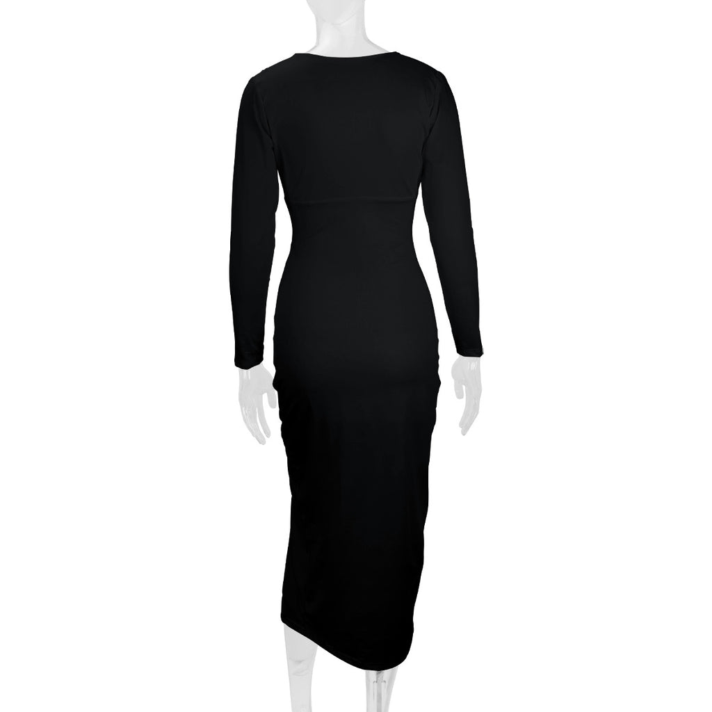 2026 Autumn and Winter New Cross-Border Long Dress European and American Style Sexy Bodycon Slim Fit Slit V-Neck Long Sleeve Dress