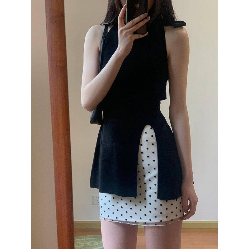 suit Women's 2025 Summer New Korean Style Design Sense Black Elegant Split Top High Waist Wave Dot Trendy Skirt