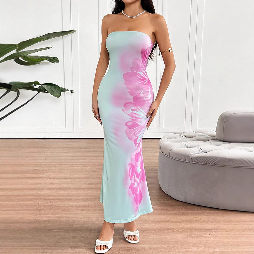 Ad176 European and American Fashion Spring and Summer New Style Elegant Strapless Backless Slim Fit Waist-Cinching Printed Sexy Bodycon Dress