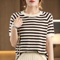Summer New Striped Sweater T-shirt Women's Loose Round Neck Rags Short Sleeve Western Style Pure Cotton Backing Fashion