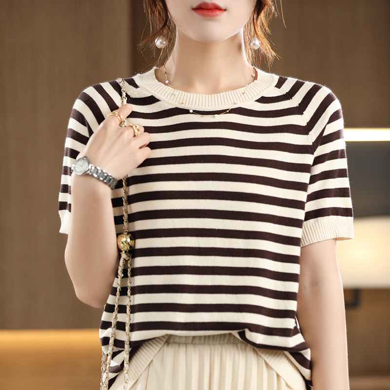 Summer New Striped Sweater T-shirt Women's Loose Round Neck Rags Short Sleeve Western Style Pure Cotton Backing Fashion