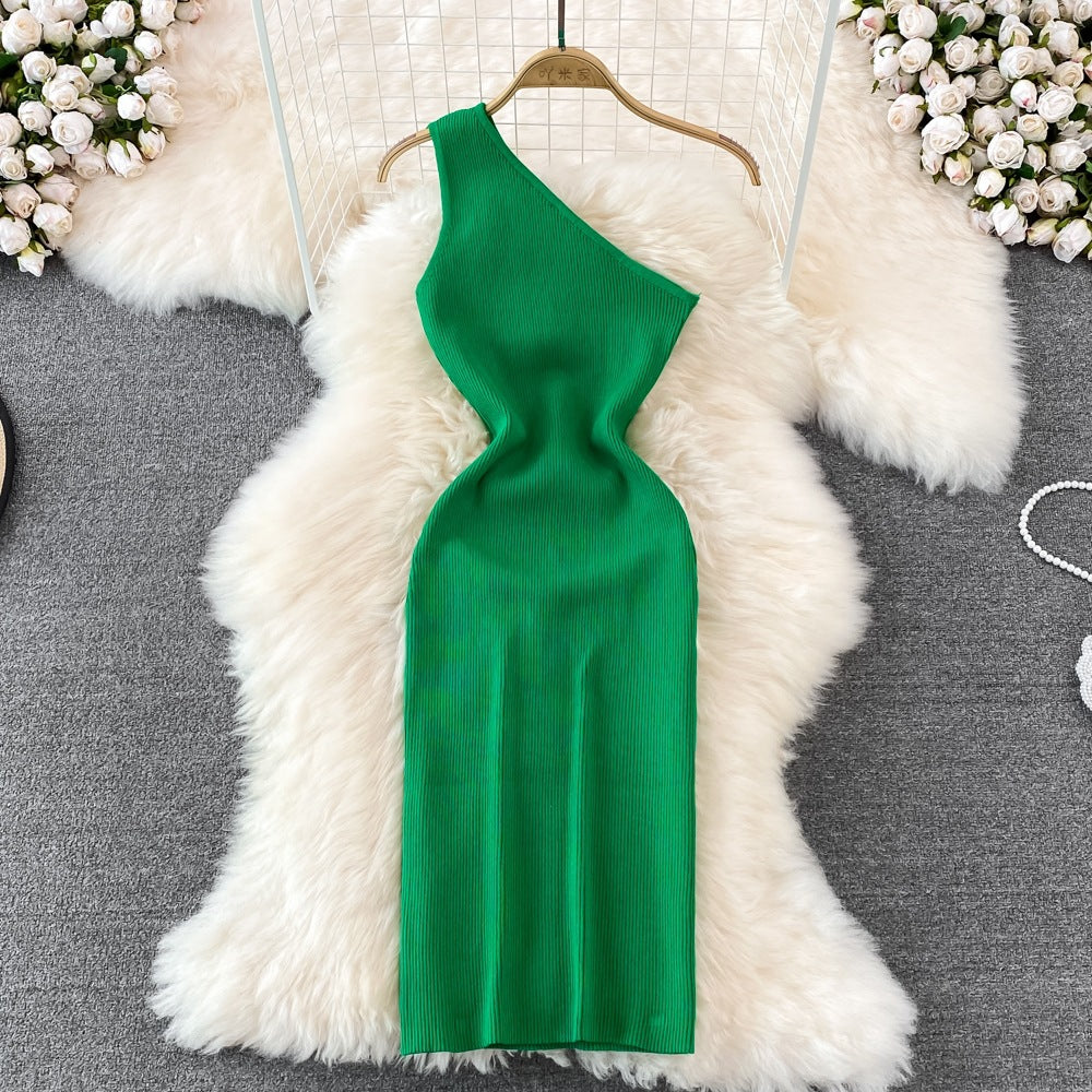 2026 Summer New Style Korean Fashion One-Shoulder Solid Color Slimming Elastic Bodycon Knit Dress 7100