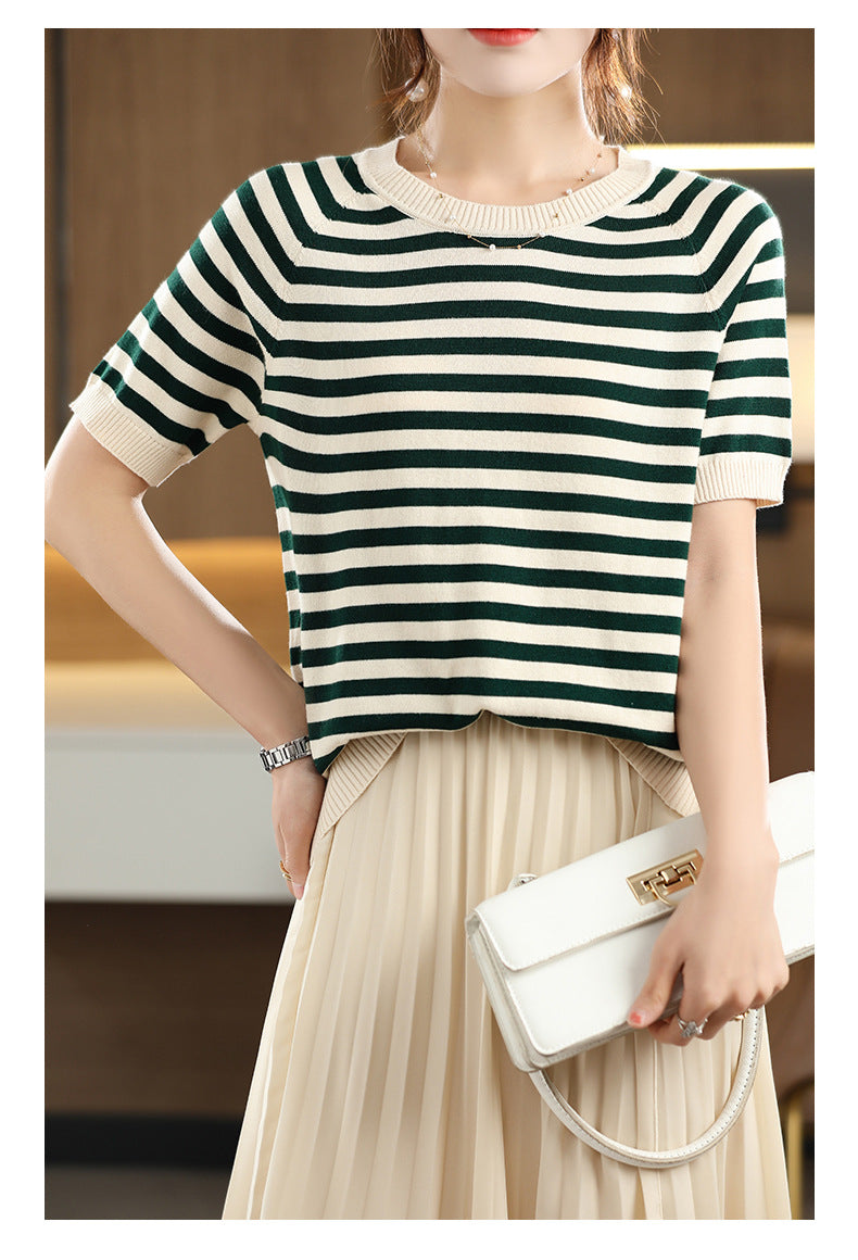 Summer New Striped Sweater T-shirt Women's Loose Round Neck Rags Short Sleeve Western Style Pure Cotton Backing Fashion