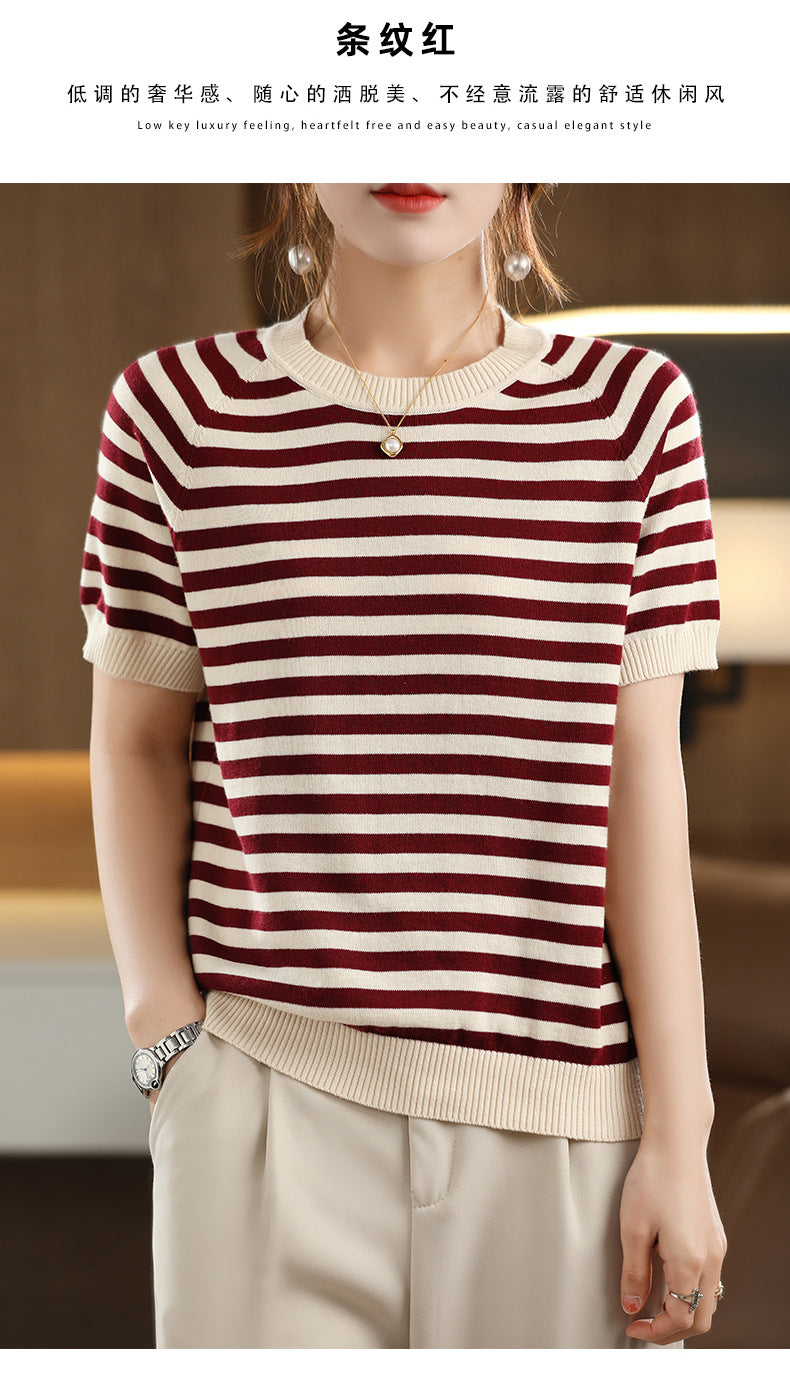 Summer New Striped Sweater T-shirt Women's Loose Round Neck Rags Short Sleeve Western Style Pure Cotton Backing Fashion