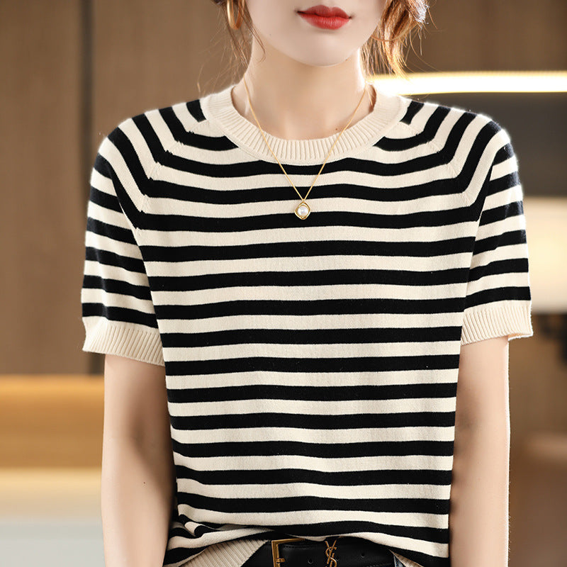 Summer New Striped Sweater T-shirt Women's Loose Round Neck Rags Short Sleeve Western Style Pure Cotton Backing Fashion