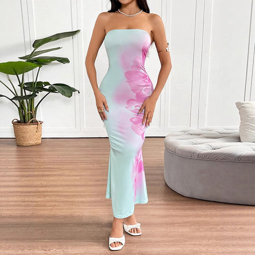Ad176 European and American Fashion Spring and Summer New Style Elegant Strapless Backless Slim Fit Waist-Cinching Printed Sexy Bodycon Dress