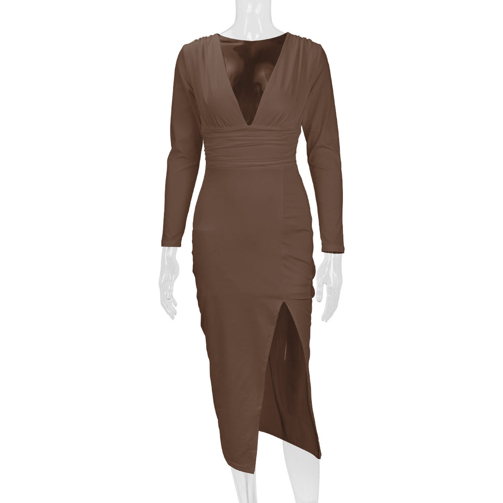 2026 Autumn and Winter New Cross-Border Long Dress European and American Style Sexy Bodycon Slim Fit Slit V-Neck Long Sleeve Dress