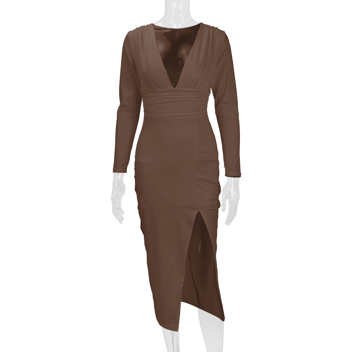2026 Autumn and Winter New Cross-Border Long Dress European and American Style Sexy Bodycon Slim Fit Slit V-Neck Long Sleeve Dress